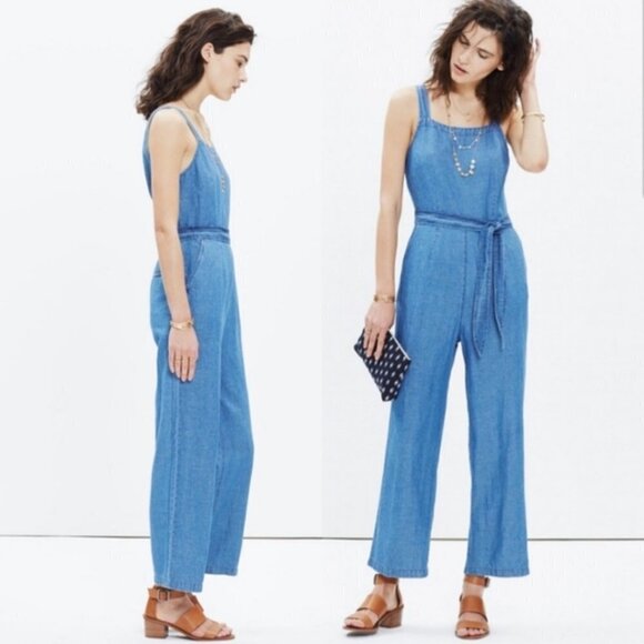 Madewell Blue Cotton Linen Chambray Muralist Wide Leg Jumpsuit with Belt Size 0 - Picture 7 of 16